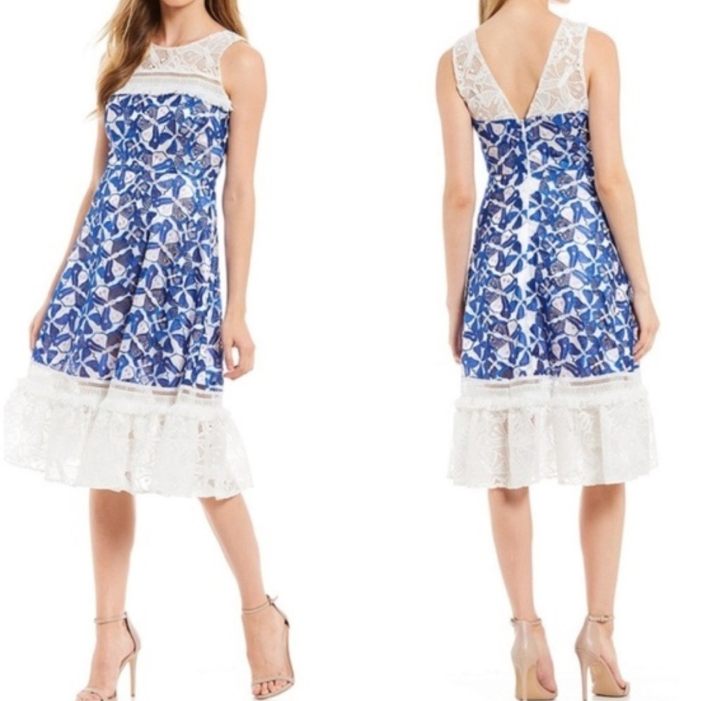 Badgley Mischka Elegant Blue and White Lace Dress